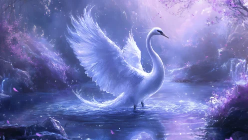 Iridescent swan extends wings in luminescent violet forest pond
