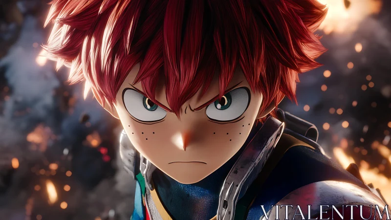 Red haired anime hero in battle with intense glare.