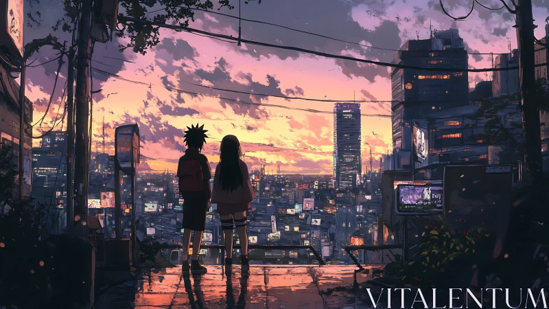 Sunset rooftop rendezvous above a neon‑tangled cityscape.