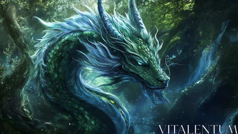 Serpentine green dragon amid dense forested ravine environment.