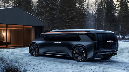 Futuristic black concept van stands beside minimalist cabin at dusk.