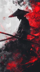 Samurai silhouette intersecting red-black abstract brush turbulence