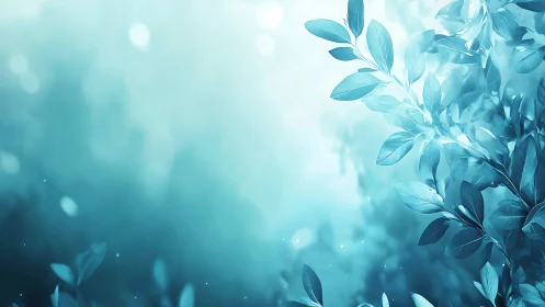Teal botanical bokeh background with glowing soft leaves.