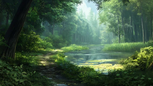 Forest Stream: Sunlit Woodland Channel with Ancient Trees.