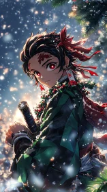 Snowy anime swordsman turns softly toward the winter light