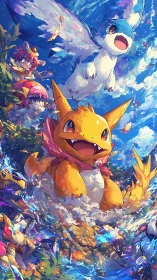 Joyful elemental creatures leap into a bright sky adventure