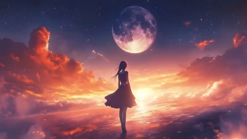 Solitary girl beneath vast moon in blazing dream sky.