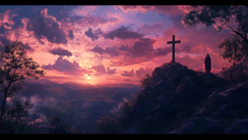 Crimson clouds cradle a lone cross above quiet valleys
