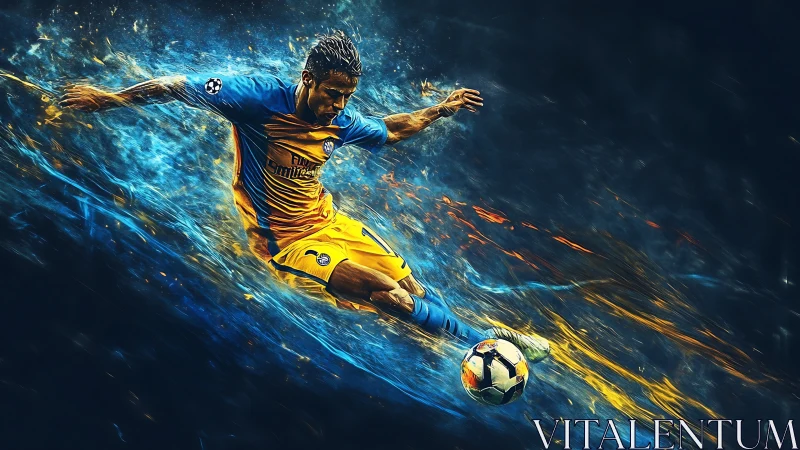 Dynamic soccer striker rendered with high-energy particle trails