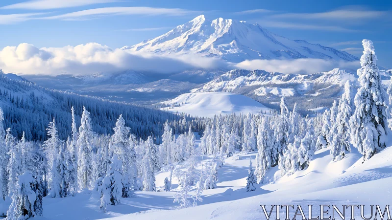 Snow covered alpine forest lies below distant mountain peak