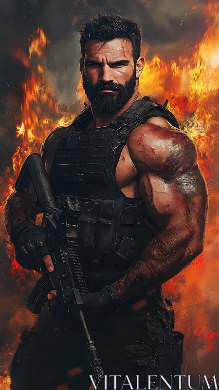 Heavily armed bearded operator in firelit tactical standoff