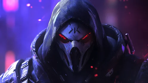 Cybernetic reaper in neon-lit darkness stares ahead.