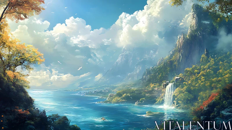 Fantasy coastal valley with waterfalls under radiant sky.