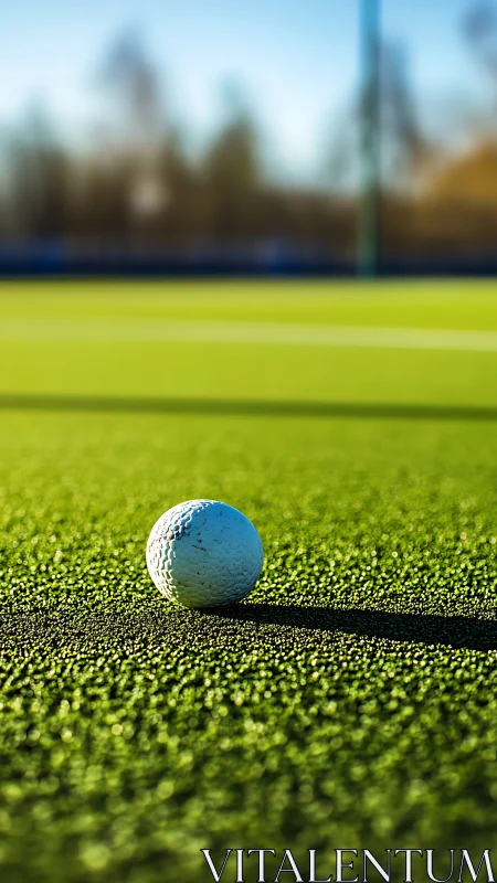 Sunlit golf ball resting calmly on a bright green field.