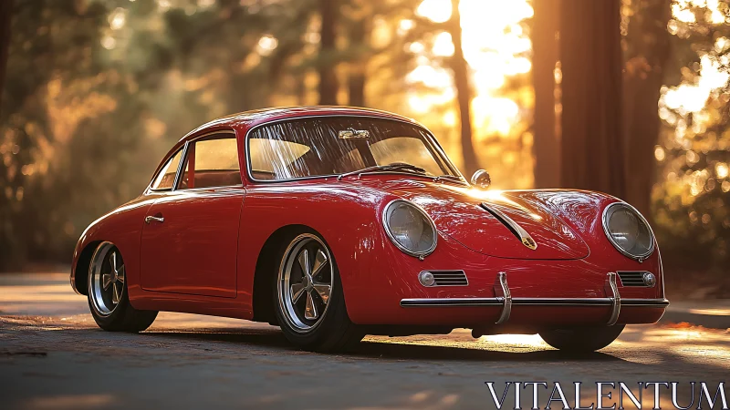 Red vintage coupe parked on sunlit forest roadway.