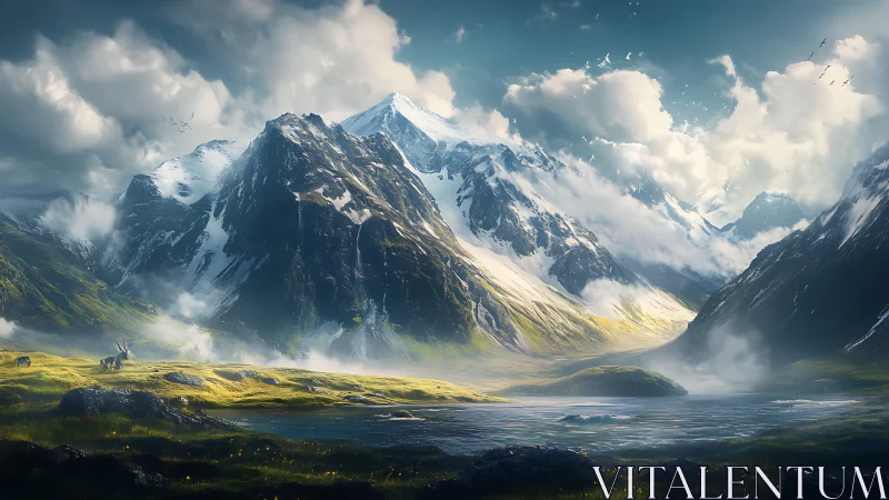 Snow-covered mountain range above lake and valley plain.