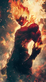 Infernal humanoid warrior emerging through kinetic flame.