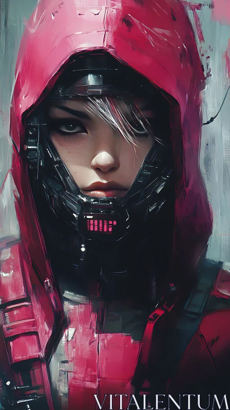 Cyberpunk portrait of hooded female operative in magenta armor.