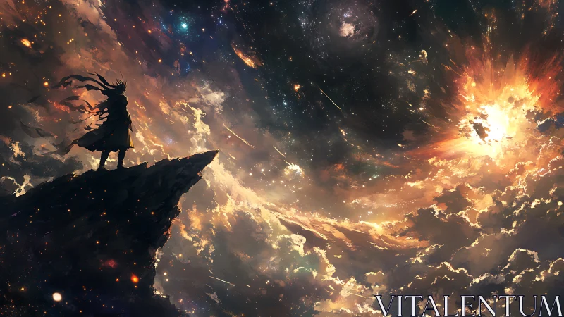 Lone silhouette on cliff facing cosmic storm horizon.