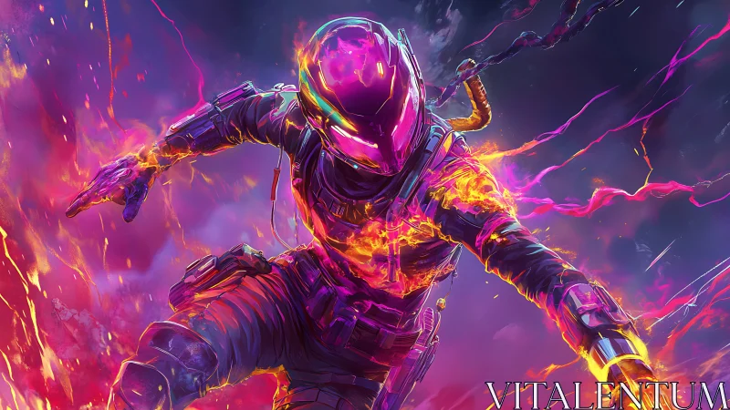 Neon inferno ranger dives through a storm of cosmic fire.