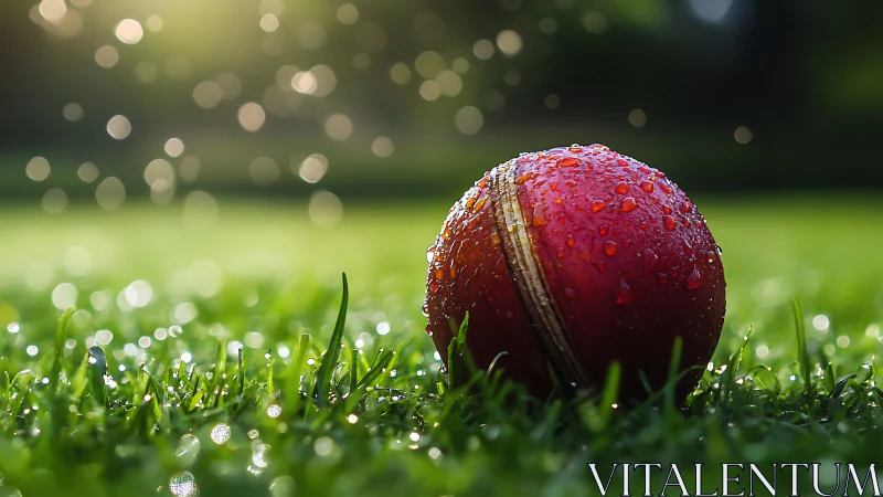 Macro optical study of wet cricket ball on dewy turf field.