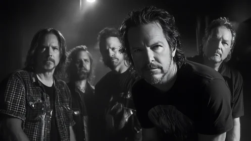 Monochrome rock ensemble under controlled studio keylight.