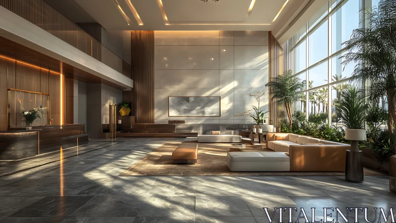 Sunlit double-height lobby with modern furnishings and greenery