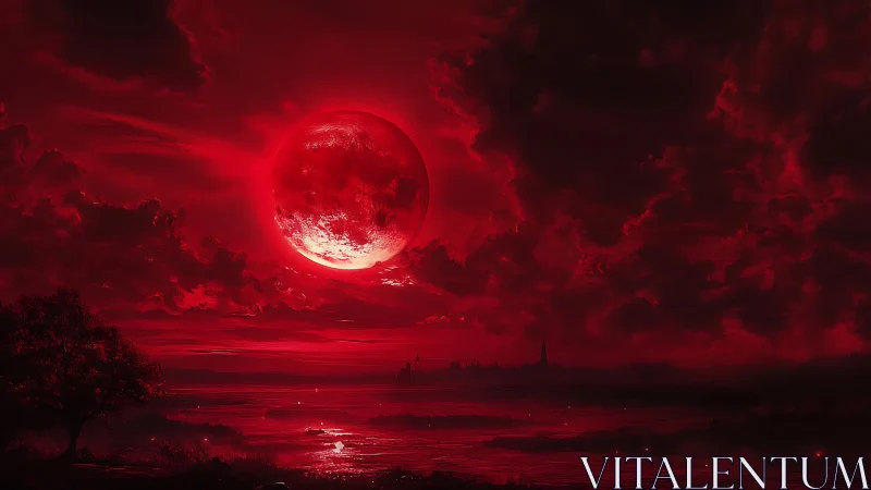 Red moon dominates clouded sky above distant shoreline