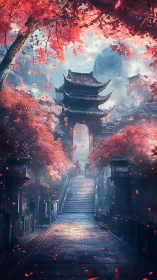 Crimson temple path welcomes wanderers into soft autumn mist