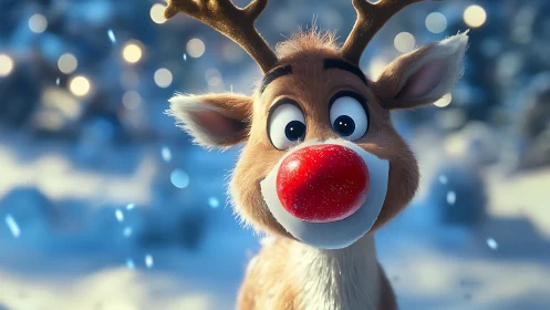 Cartoon reindeer with glowing red nose in snowy forest.