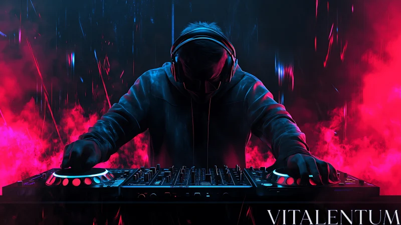 Hooded DJ commands neon-lit decks in electric smoke storm.