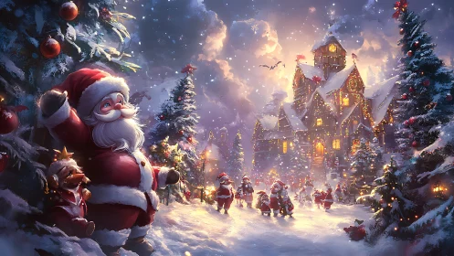 Santa leads a sparkling snowlit parade to the glowing workshop