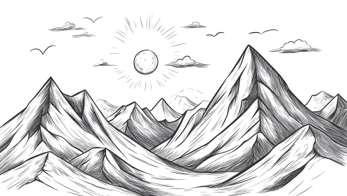 Ink-etched alpine mountain panorama with radiant central sun.