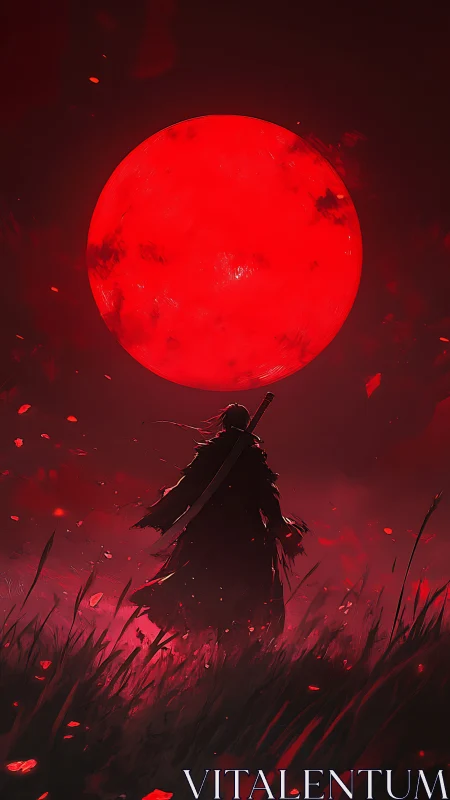 Lone dusk wanderer beneath a looming crimson moon.
