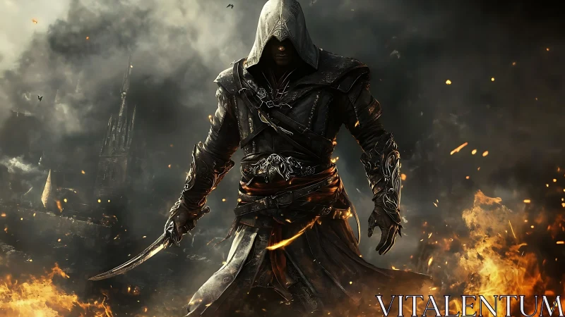 Hooded armored rogue walks through fire in dark ruins.