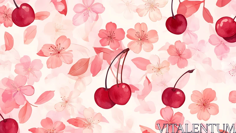 Crimson cherries suspended among delicate floral overlay composition.