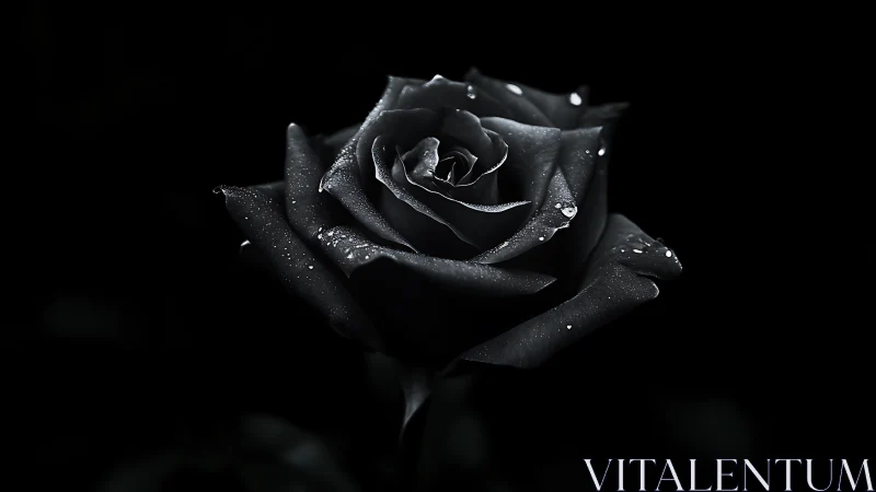 Solitary black rose shimmers with dewdrops in deep shadow