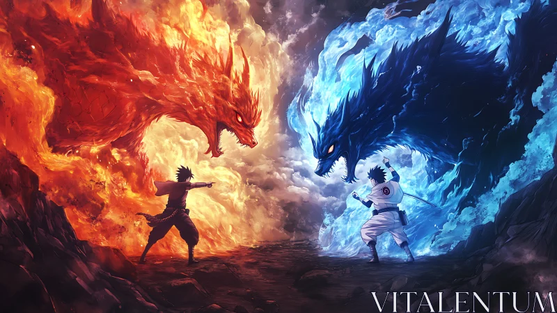 Dual elemental warriors command colossal chakra beasts.