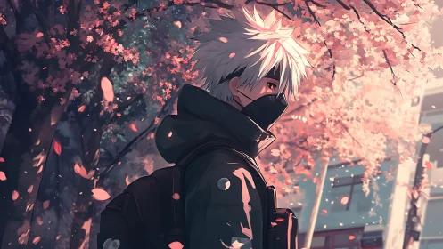 Masked anime figure under pink blossom trees outdoors.