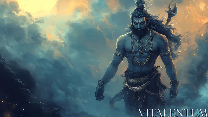 Storm-forged deity strides through molten dusk clouds.