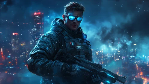 Futuristic soldier with rifle in neon lit cyberpunk city.