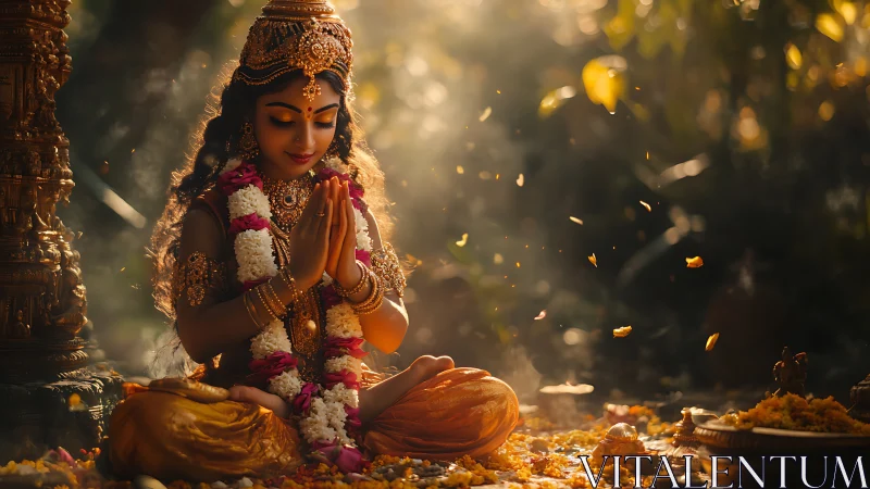 Hindu deity statue in seated pose amid ritual offerings.