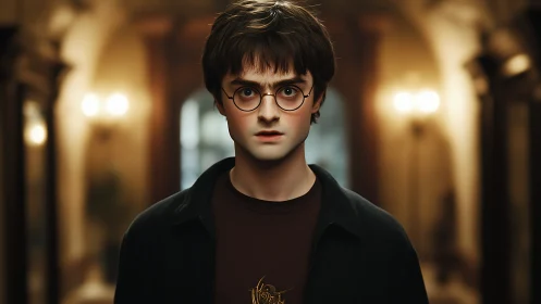Young wizard stands in golden corridor, eyes wide, alert.