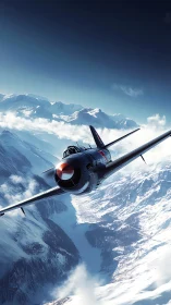 Storm-gray fighter jet diving through sunlit alpine pass.