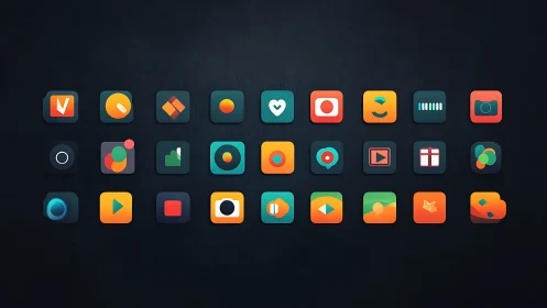 Colorful flat app icon set on dark gradient background.