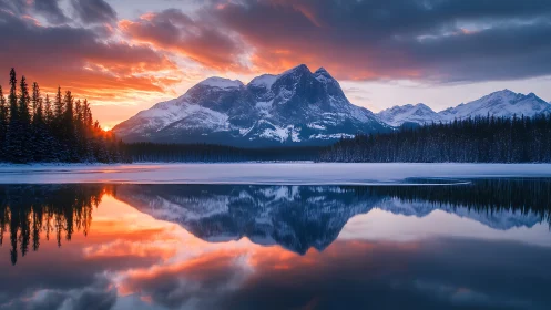 Alpine lake sunset reflection with snow capped mountain range
