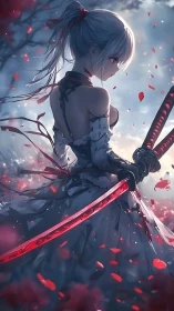 Silver-haired sword maiden stands in a storm of crimson petals
