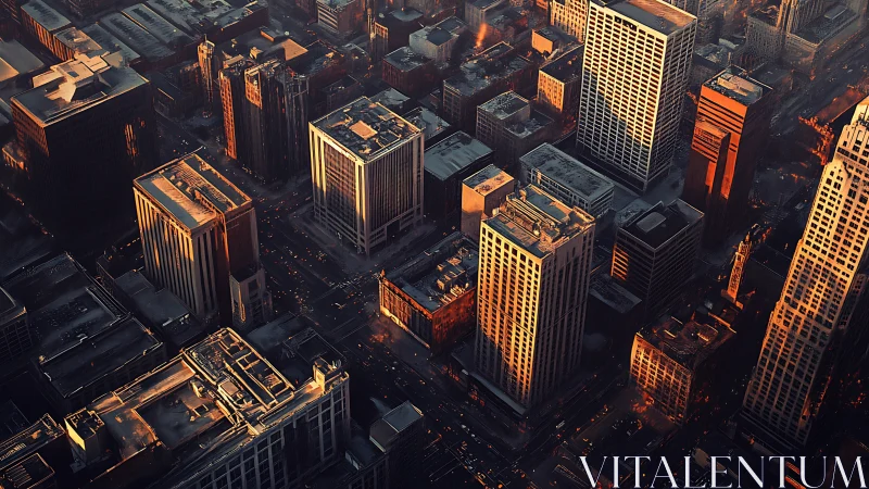 Sunlit downtown skyscrapers glow through dense evening haze