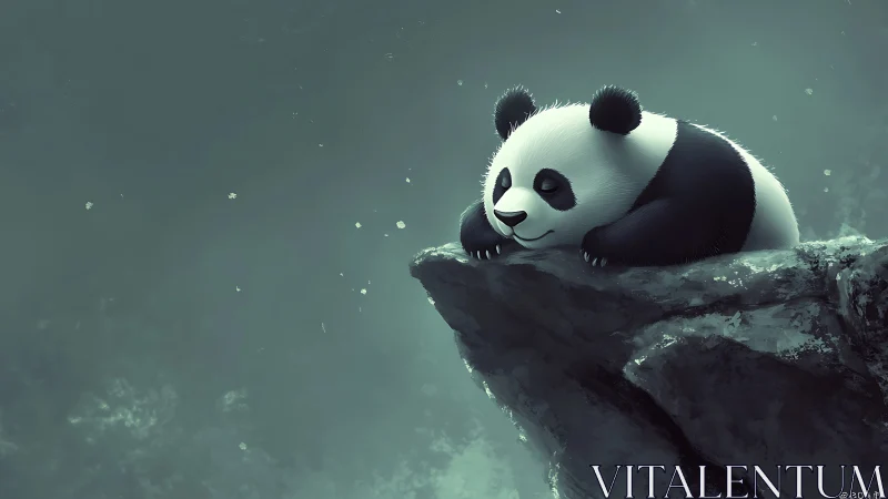 Digital painting of resting panda on misty cliff edge.
