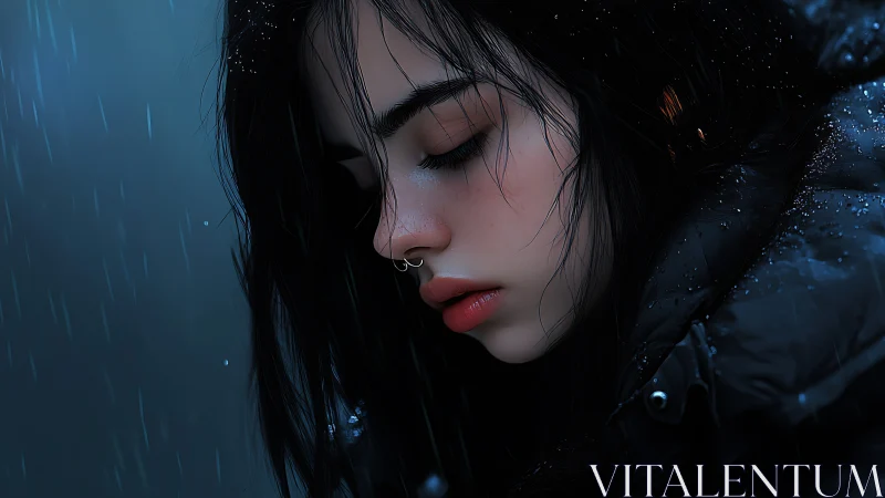 Rain-soaked girl in profile under moody blue light.